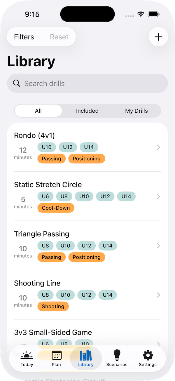 Photo of the Brimfield Soccer app with a library of drills on the screen.