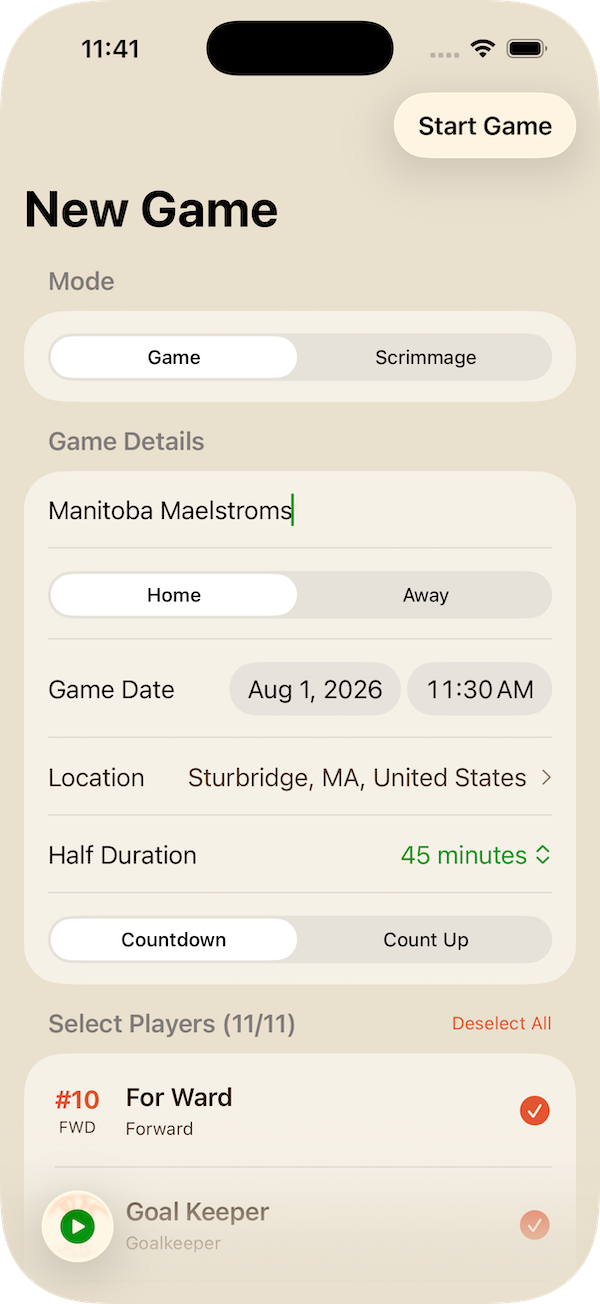 Photo of the New Game screen in the Soccer Game Tracker app. The app shows the configuration for starting a new game with half length, roster, location, and home v away toggle.