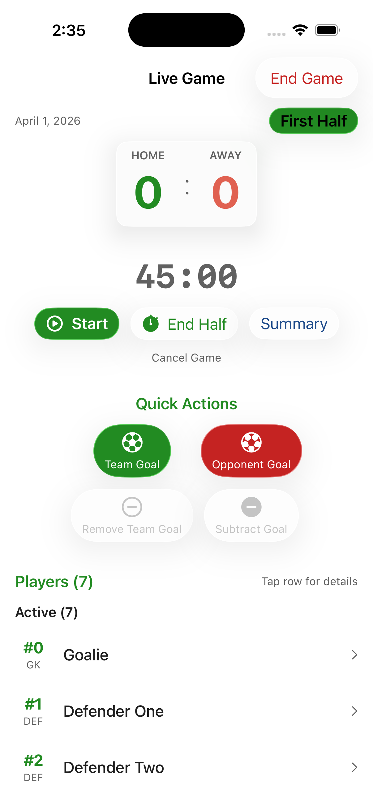 Photo of a hand holding a phone with the Soccer Game Tracker app on the screen. The app shows an active game screen with the score, time remaining, and roster.