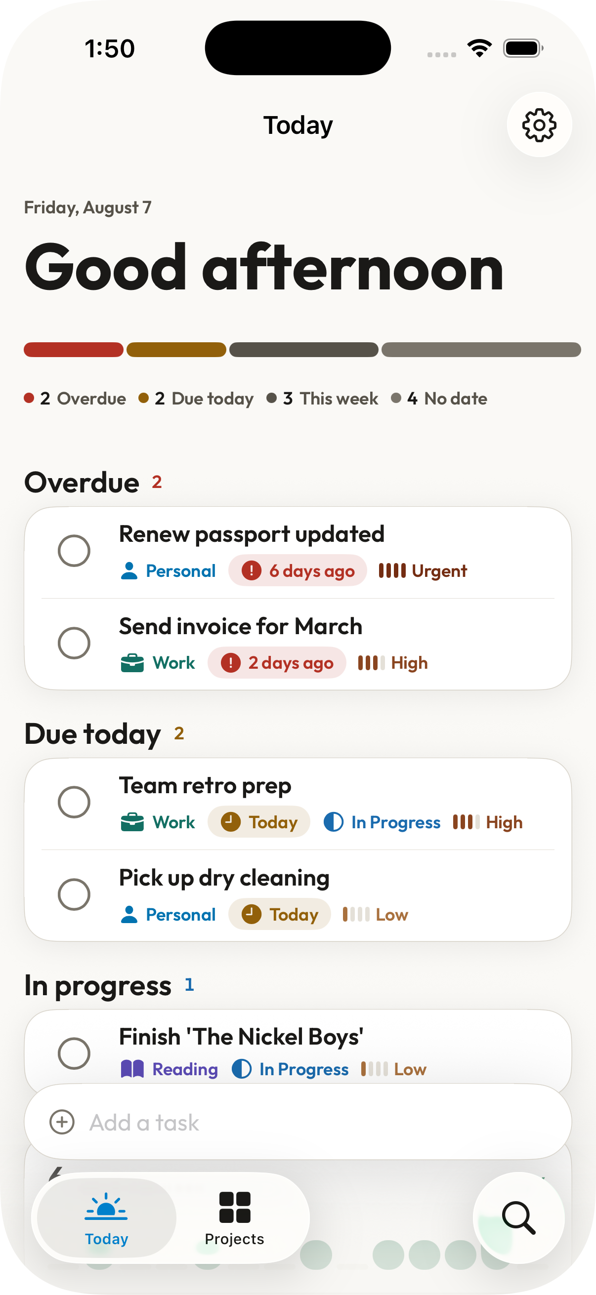 Photo of a hand holding a phone with the TaskStat app on the screen. The app shows initial dashboard screen with a chart of completed tasks, project list, and due tasks.
